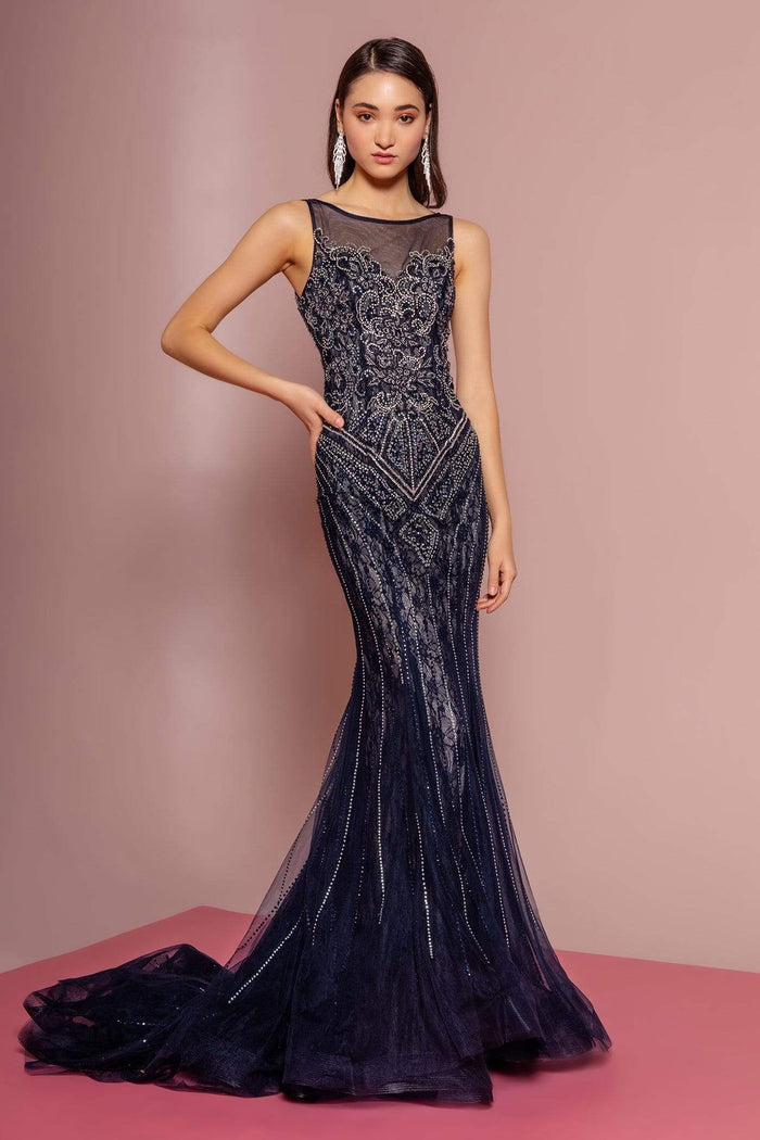 GLS by Gloria - GL2685 Lace Bateau Mermaid Dress With Train Special Occasion Dress XS / Navy