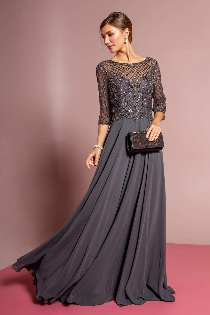 GLS by Gloria - GL2686 Sequined Illusion Bateau A-Line Dress Special Occasion Dress XS / Charcoal