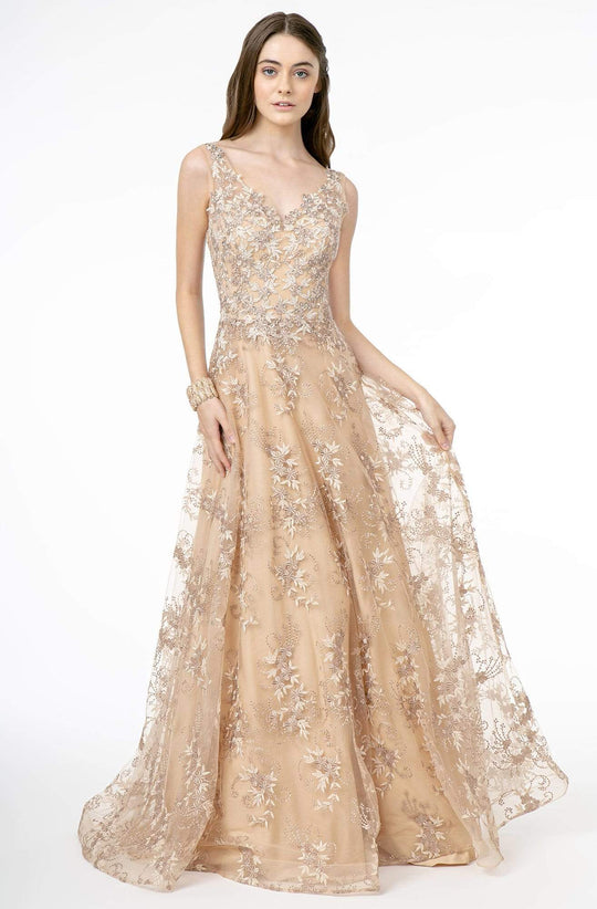 GLS by Gloria - GL2884 Embroidered V-Neck A-Line Gown