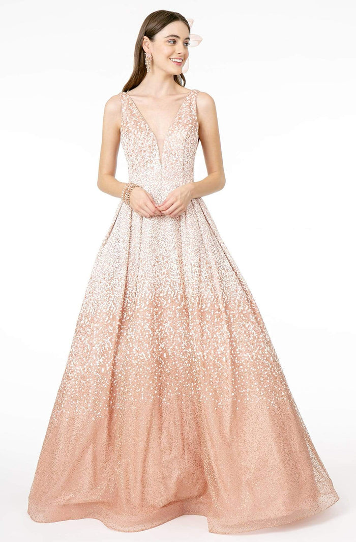 GLS by Gloria - GL2908 Deep V-Neck Glitter Tulle A-Line Dress Prom Dresses XS / Blush