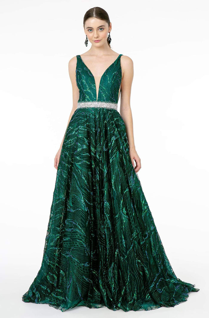 GLS by Gloria - GL2928 Glitter Plunging V-Neck A-Line Dress Evening Dresses XS / Green