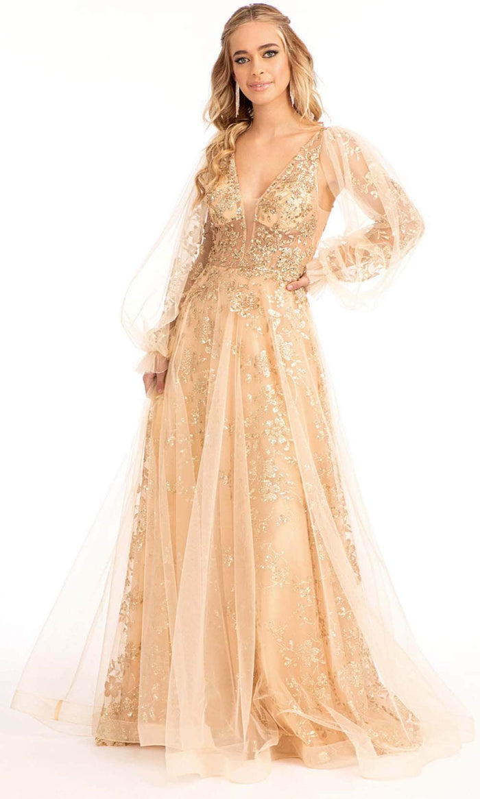 GLS by Gloria GL3001 - Long Puffed Sleeves Deep V-neck Evening Gown Prom Dresses XS / Champagne