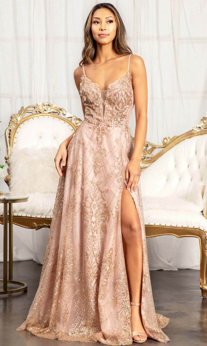 GLS by Gloria GL3031 - Embroidered Plunging Sweetheart A-Line Dress Prom Dresses XS / Rose Gold