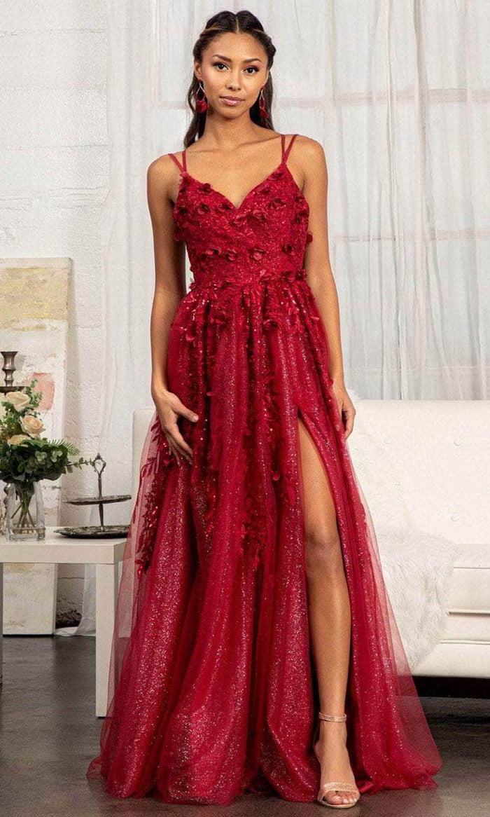 GLS by Gloria GL3033 - Appliqued V-Neck Prom Gown Special Occasion Dress XS / Burgundy