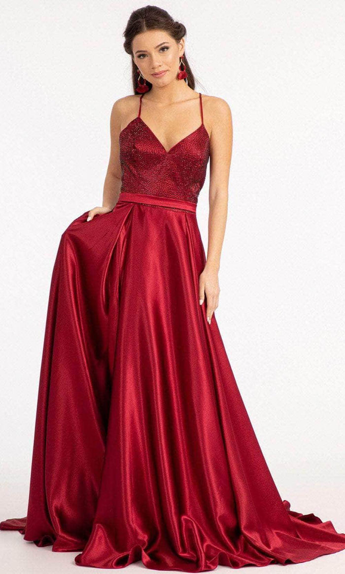GLS by Gloria GL3040 - V-Neck Satin Formal Gown Special Occasion Dress XS / Burgundy