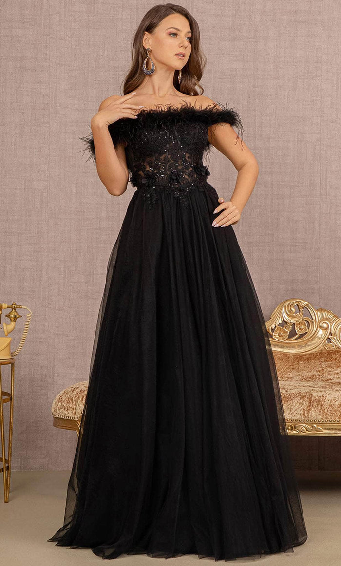 GLS by Gloria GL3138 - Feathered Off-Shoulder Evening Dress Special Occasion Dress XS / Black