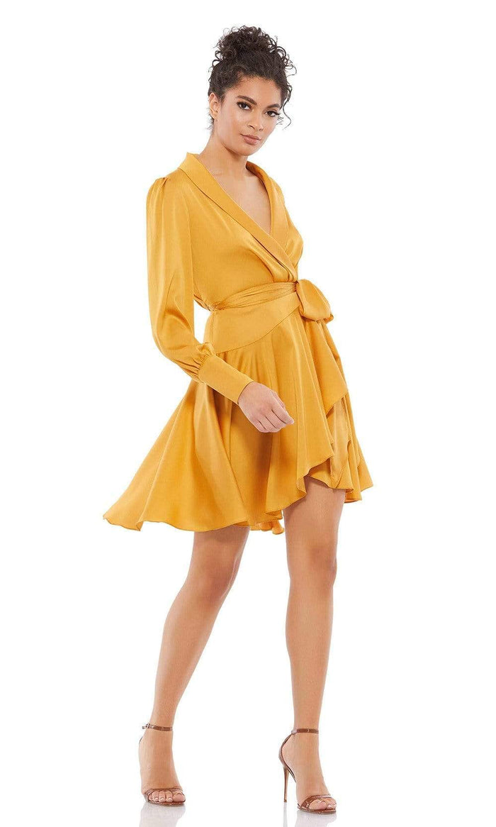 Ieena Duggal - 12514I Long Sleeve Wrap Satin Dress Cocktail Dresses 0 / Marigold