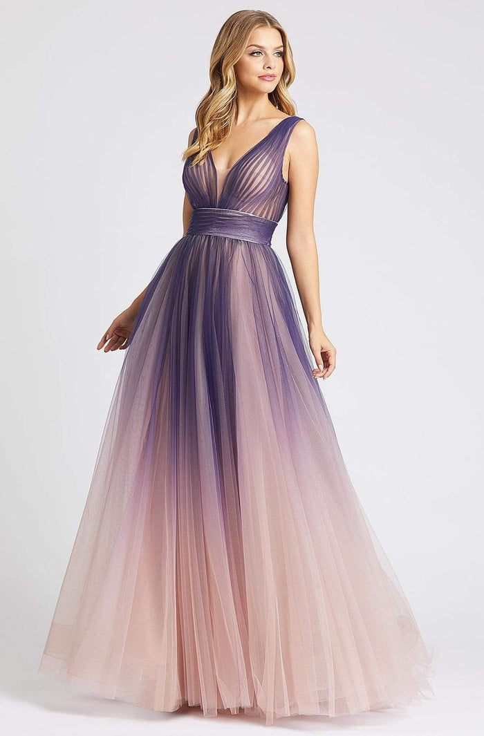 Ieena Duggal - 20221I Plunging V-Neck Pleated Ombre Gown Prom Dresses 0 / Indigo Ombre