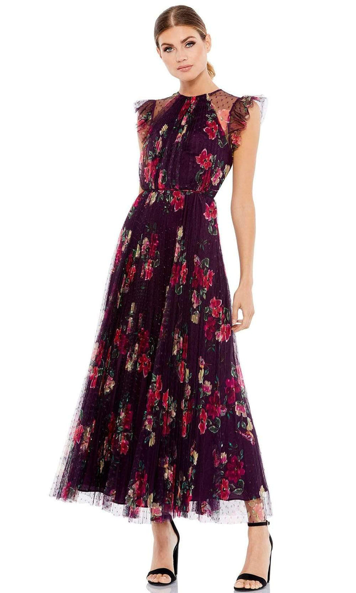 Ieena Duggal - 2143 Floral Printed Pleated A-Line Dress Prom Dresses XXS / Plum Multi
