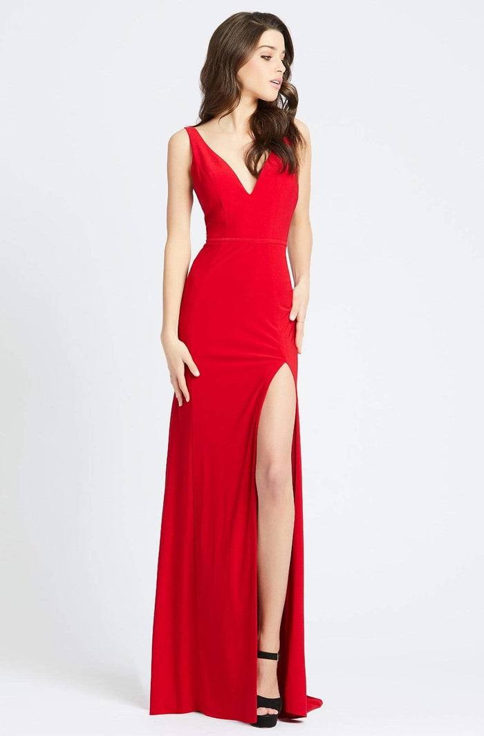Ieena Duggal - 25846I Plunging V-Neck High Slit Sheath Gown Special Occasion Dress 0 / Red
