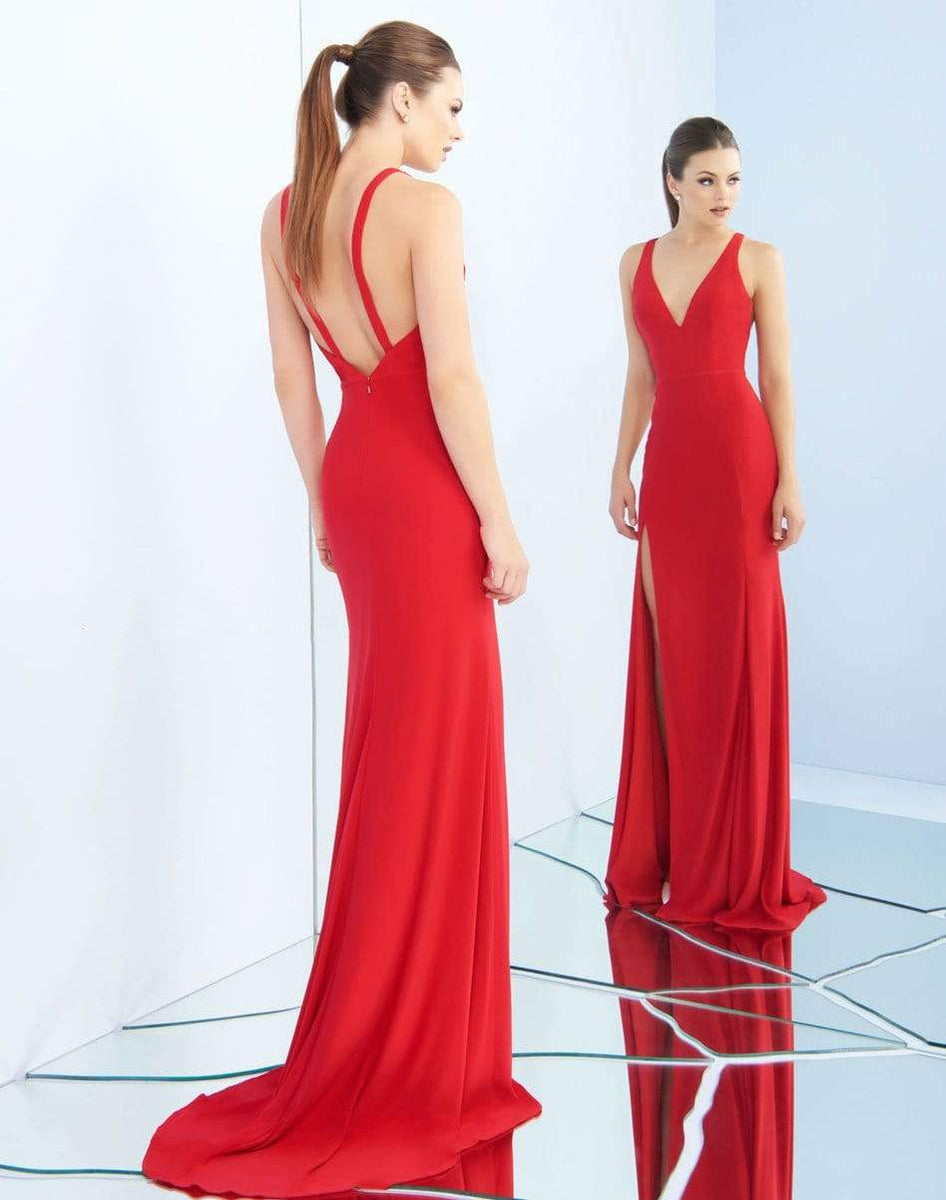 Ieena Duggal - 25846I Plunging V-Neck High Slit Sheath Gown – Couture Candy