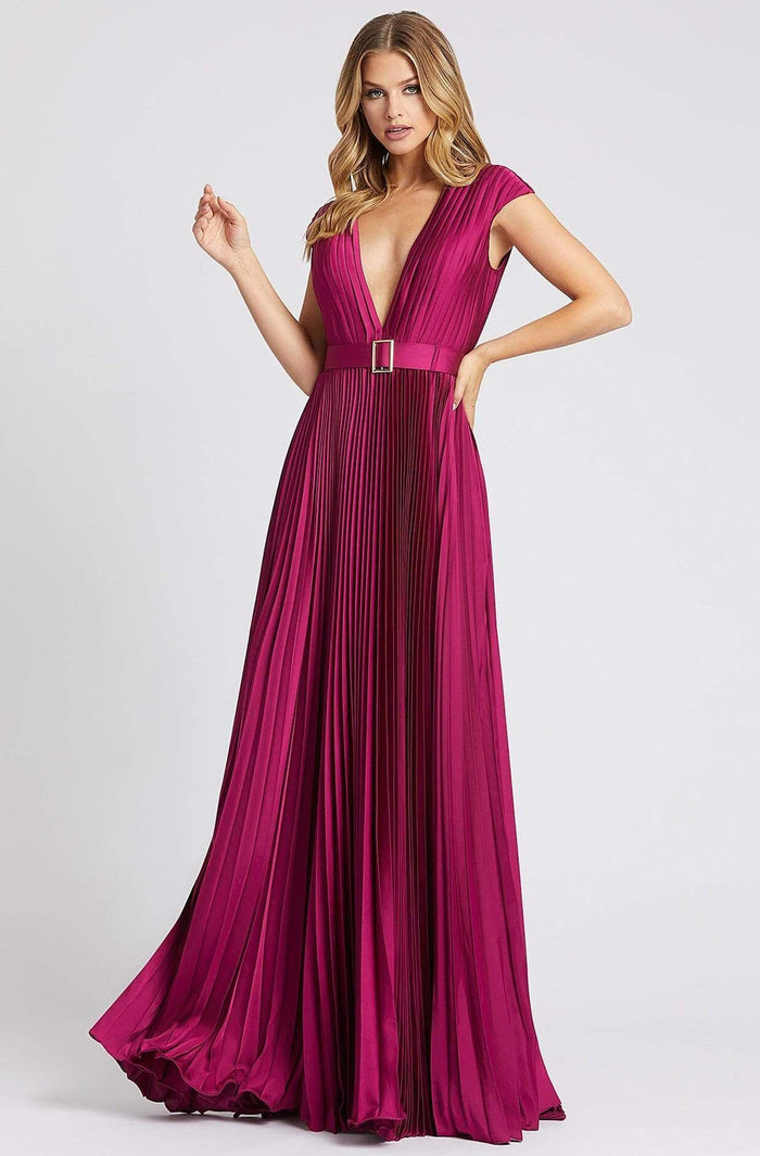 Ieena Duggal - 26285I Deep V Neck Pleated Flowy A-Line Gown Prom Dresses 0 / Raspberry