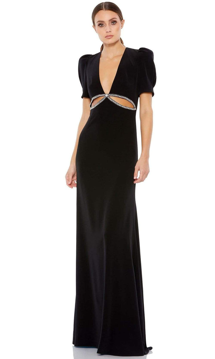 Ieena Duggal - 2630 Short Sleeve Cutout Ornate Gown Evening Dresses 0 / Black