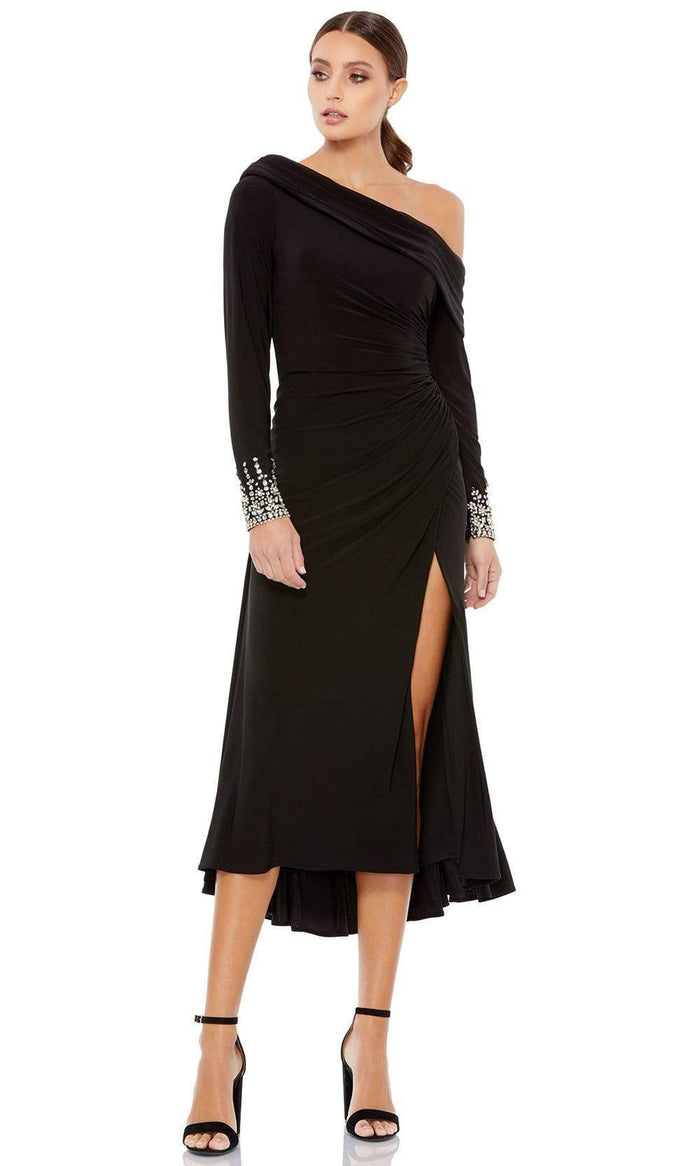 Ieena Duggal - 26485 Jeweled Long Sleeve One Shoulder Dress Cocktail Dresses 0 / Black