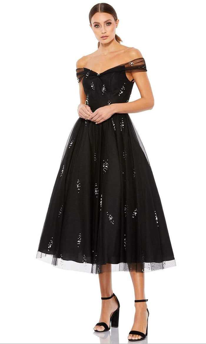 Ieena Duggal - 26498 Tea Length Pearl-Ornate A-Line Dress Cocktail Dresses 0 / Black