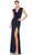 Ieena Duggal - 26504 Cap Sleeve Pleat-Accent High Slit Dress Evening Dresses 0 / Navy
