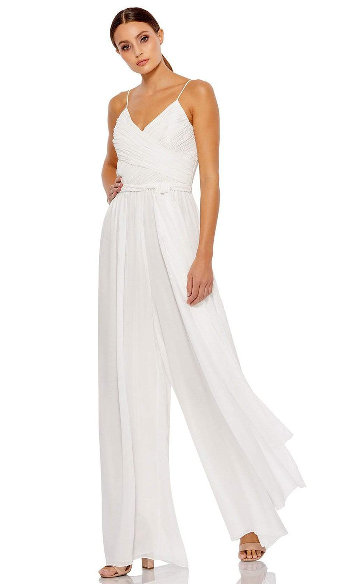 Ieena Duggal - 2651 V Neck Soft Fabric Jumpsuit Evening Dresses XXS / White