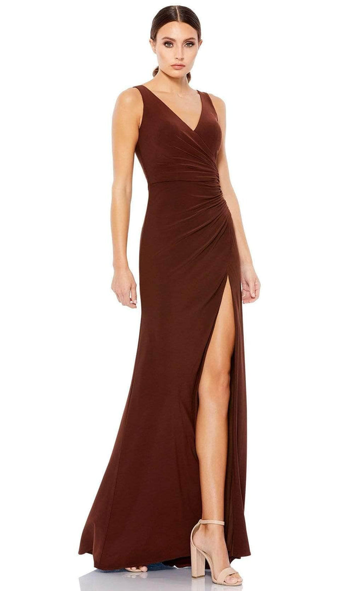 Ieena Duggal - 26513 Sleeveless V-Neck Fitted Gown Evening Dresses 0 / Chocolate
