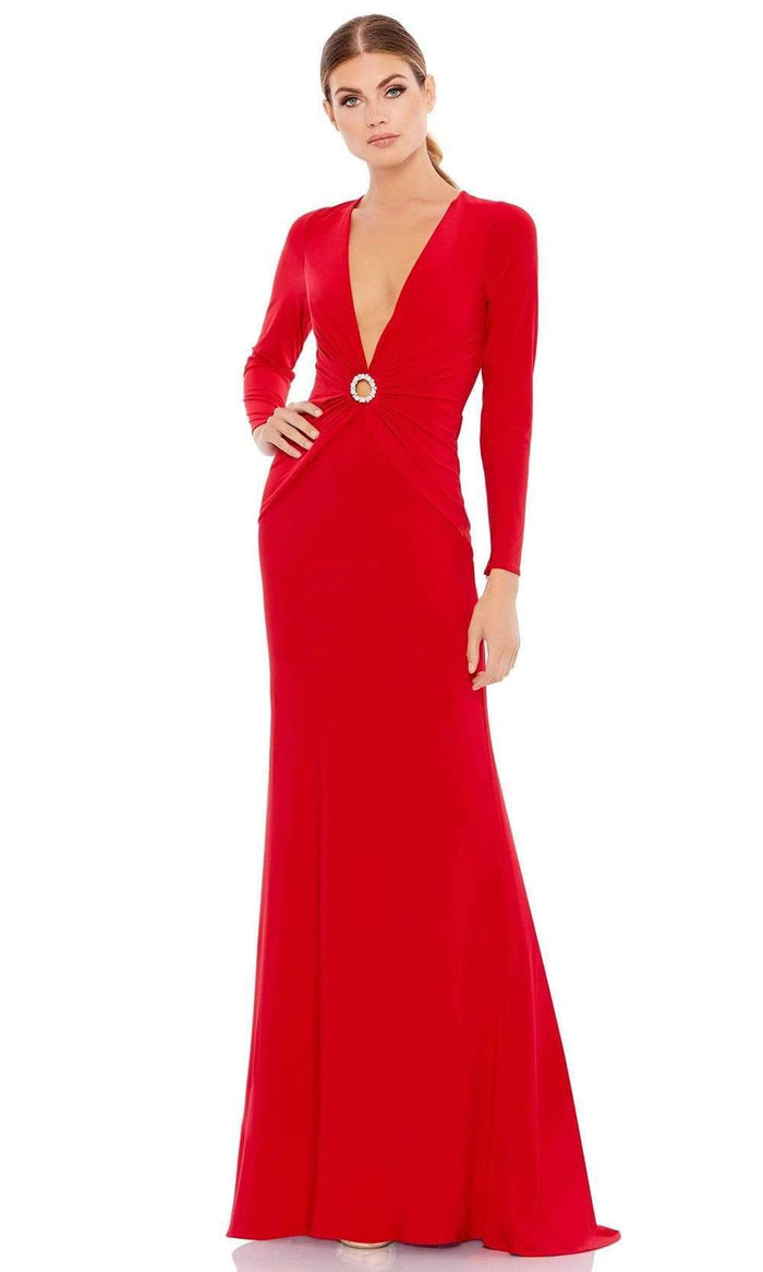 Ieena Duggal - 26514 Long Sleeve Fitted Gown With Plunging Neckline Evening Dresses 0 / RED