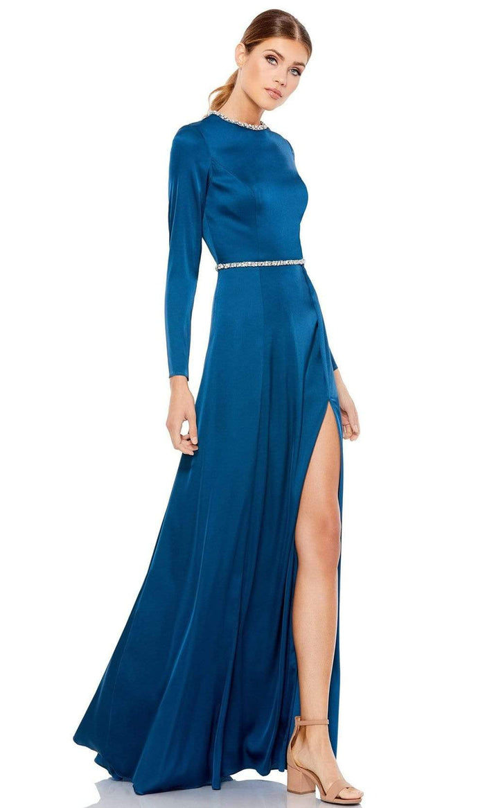 Ieena Duggal - 26524 Crystal Trim Long Sleeve High Slit A-Line Gown Evening Dresses 0 / Sapphire