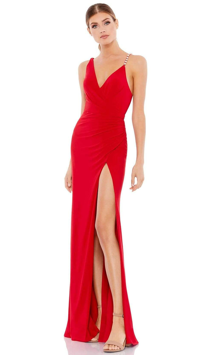Ieena Duggal - 26532 Sleeveless V-Neck Pearl Beaded Strap Sheath Gown Special Occasion Dress 0 / RED