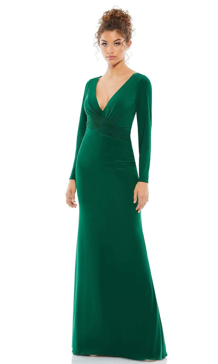 Ieena Duggal - 26573 Long Sleeve V-Neck Sheath Gown Special Occasion Dress 0 / Emerald Green