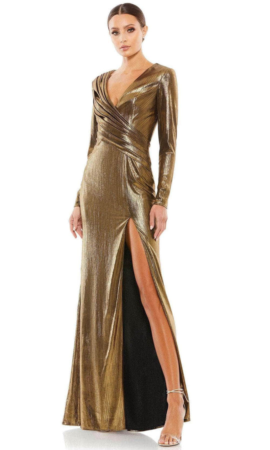 Ieena Duggal 26684 - Deep V-Neck Metallic Evening Gown