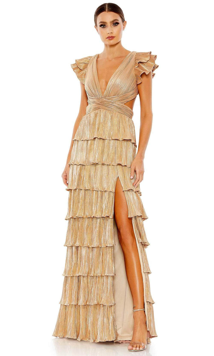 Ieena Duggal 26740 - Ruffled Sleeve Tiered Dress Evening Dresses 0 / Gold
