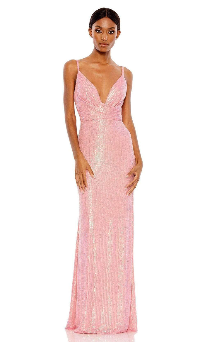 Ieena Duggal - 26945 Plunging Tiny Sequined Long Gown Special Occasion Dress 0 / Coral
