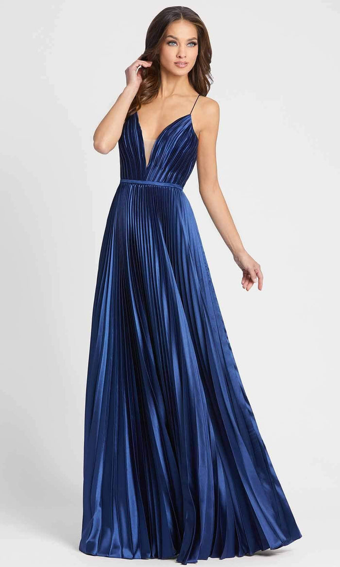 Ieena Duggal - 49039I V-Neck Spaghetti Strap Accordion Pleated Gown Evening Dresses 0 / Midnight Blue