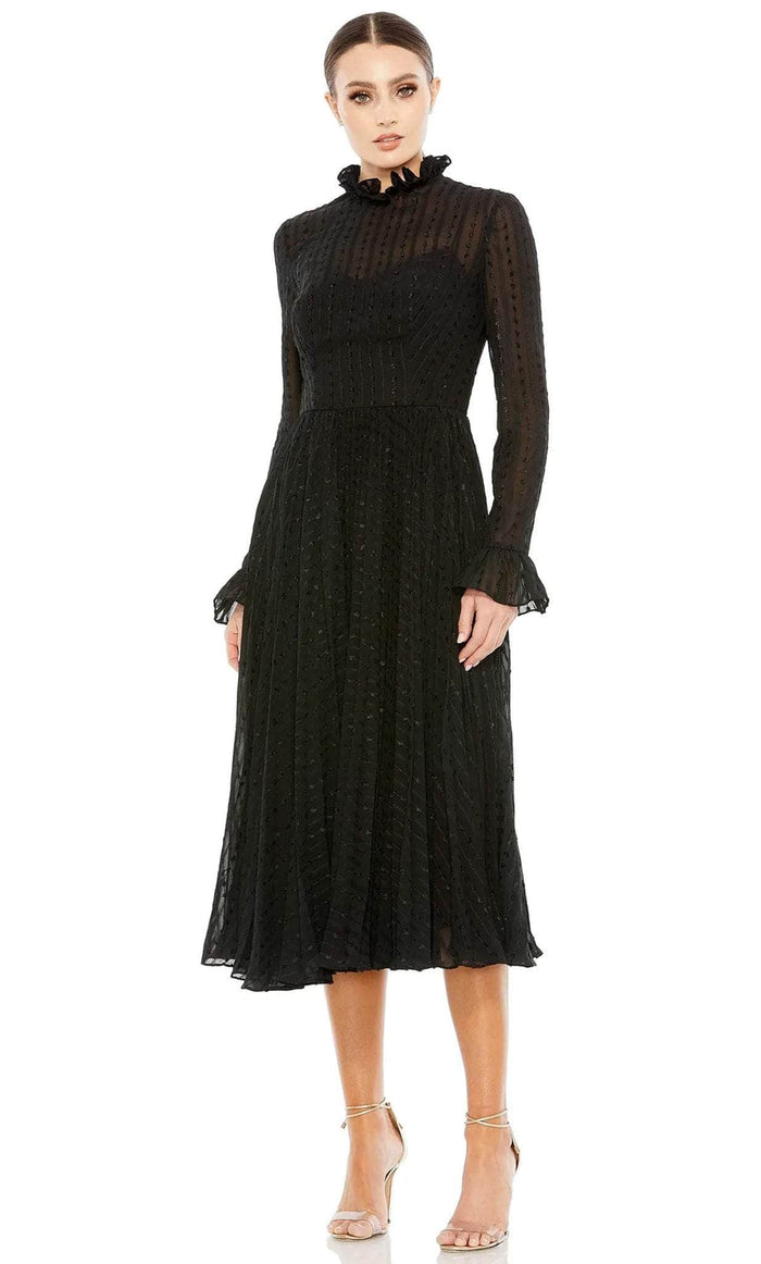 Ieena Duggal 49627 - High Neck Long Sleeve Knee-Length Dress Holiday Dresses 0 / Black