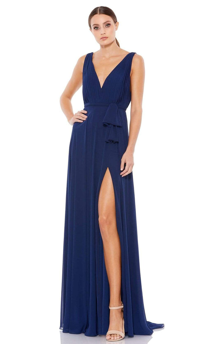 Ieena Duggal - 55283 Draping Waist High Slit Dress Evening Dresses 0 / Midnight Blue