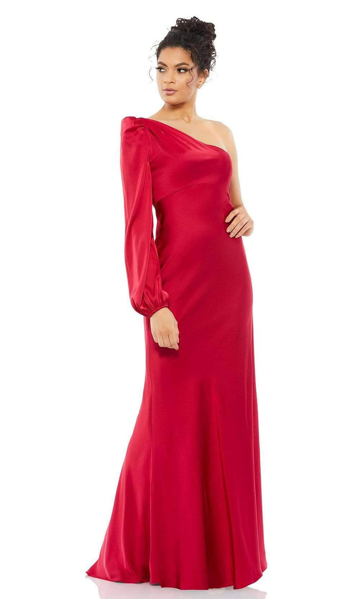 Ieena Duggal - 55401I Blouson Sleeve One Shoulder Satin Gown Evening Dresses 0 / Ruby