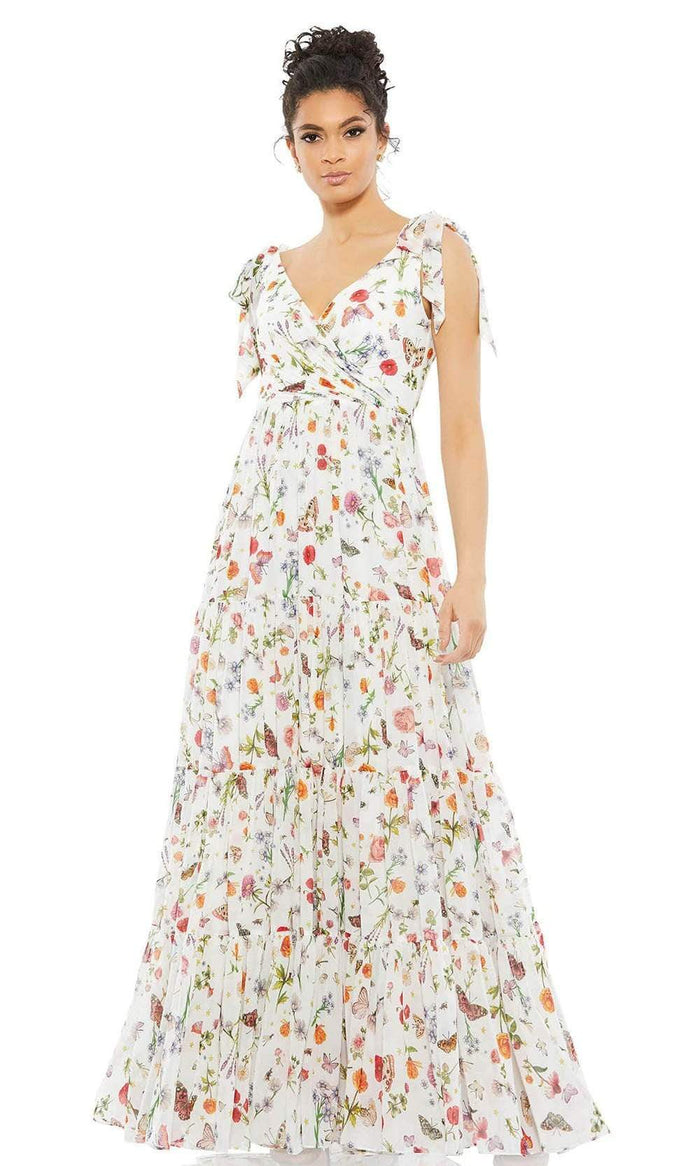 Ieena Duggal - 55422I V-Neck Floral A-Line Dress Maxi Dresses 0 / White Multi