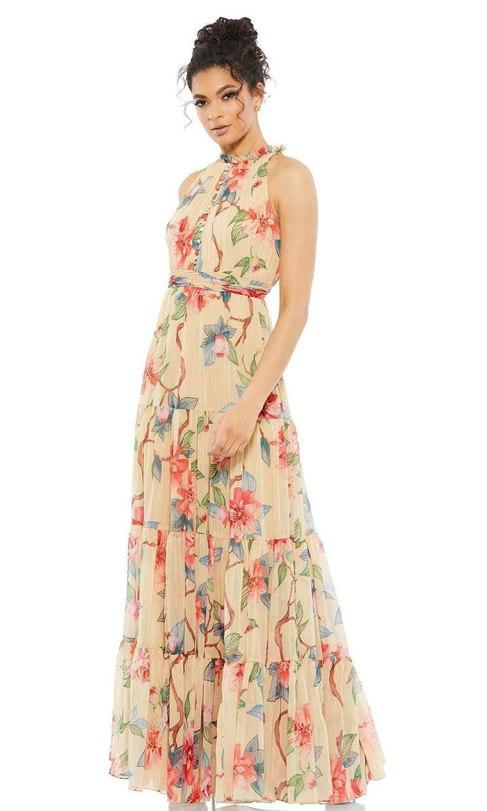 Ieena Duggal - 55429I High Neck Floral A-Line Dress Maxi Dresses 0 / Nude Multi