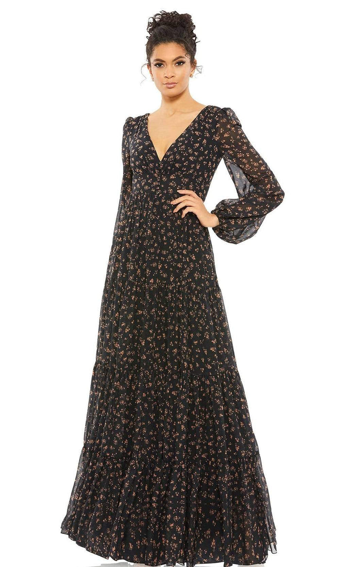 Ieena Duggal - 55431I V-Neck Empire A-Line Dress Special Occasion Dress 0 / Black Multi