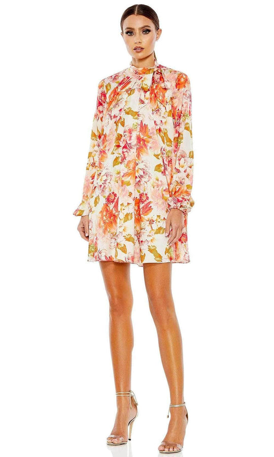 Ieena Duggal 55634 - Bishop Long Sleeve High Neck Short Dress Special Occasion Dress 0 / Pink/Multi