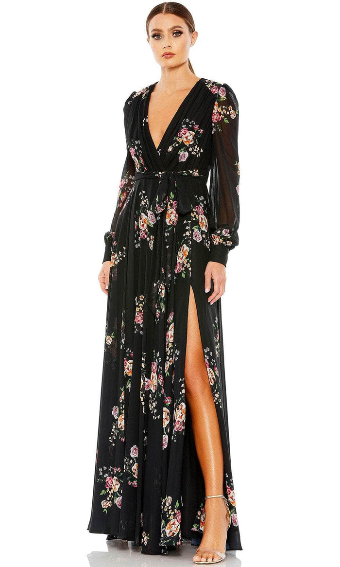 Ieena Duggal 55661 - V-Neck Tie Belt Floral Evening Gown Special Occasion Dress 0 / Black Multi