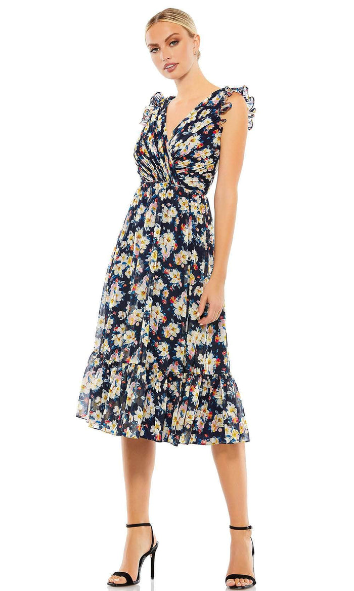 Ieena Duggal 55665 - Ruffle Trimmed Floral Cocktail Dress Special Occasion Dress 0 / Navy/Multi