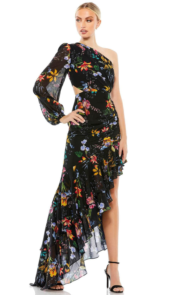 Ieena Duggal 55668 - Floral Bishop Sleeve High Low Evening Dress Special Occasion Dress 0 / Black Multi
