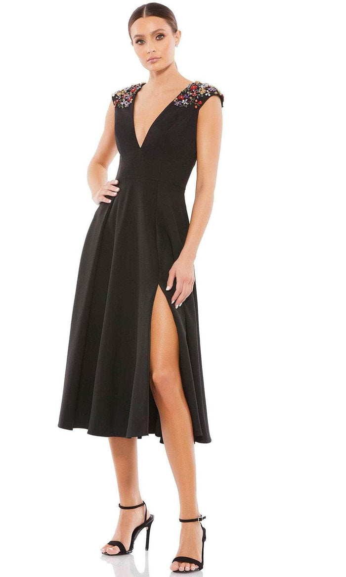 Ieena Duggal 55690 - Cap Sleeved Plunging V Neck Dress Special Occasion Dress 0 / Black Multi
