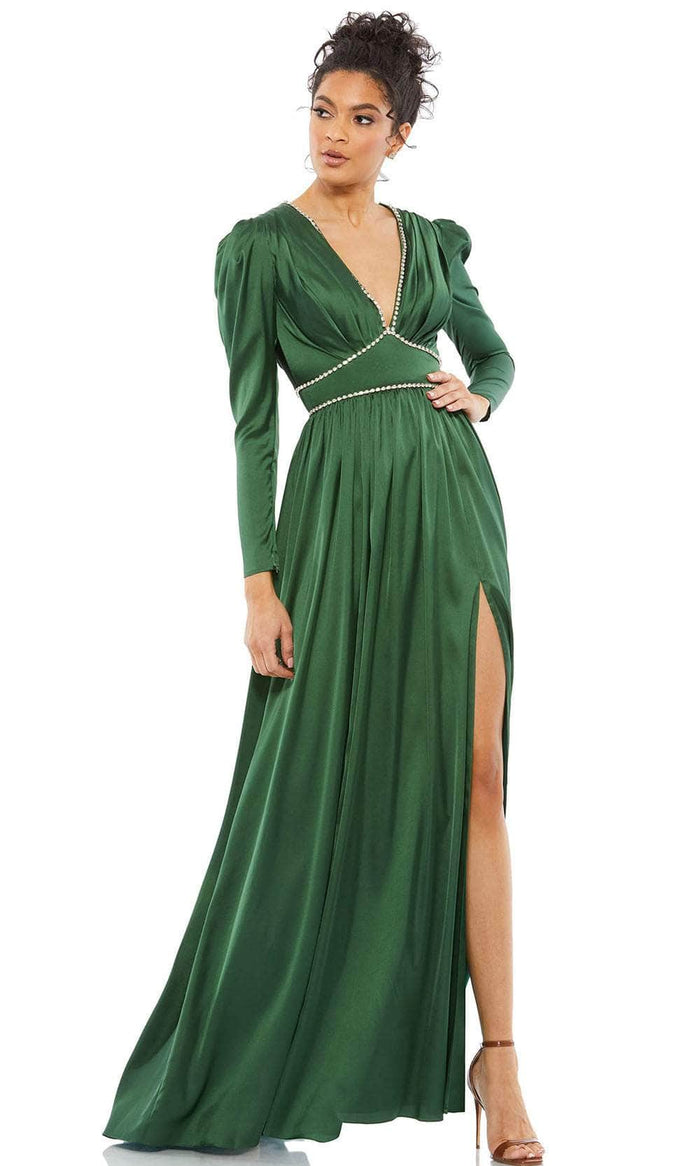 Ieena Duggal 55702 - Puffed Sleeve Evening Gown With Slit Special Occasion Dress 0 / Emerald Green