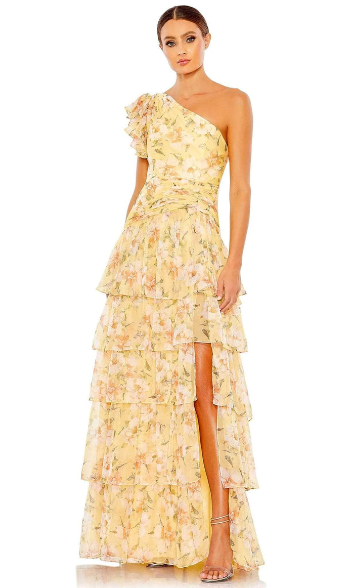 Ieena Duggal 55810 - One Sleeve Floral Printed Prom Dress Evening Dresses 0 / Lemon Multi
