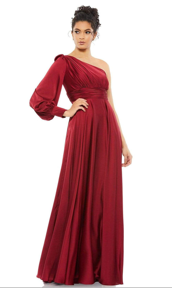 Ieena Duggal - 67866I One Shoulder Satin A-Line Gown Special Occasion Dress 0 / Burgundy