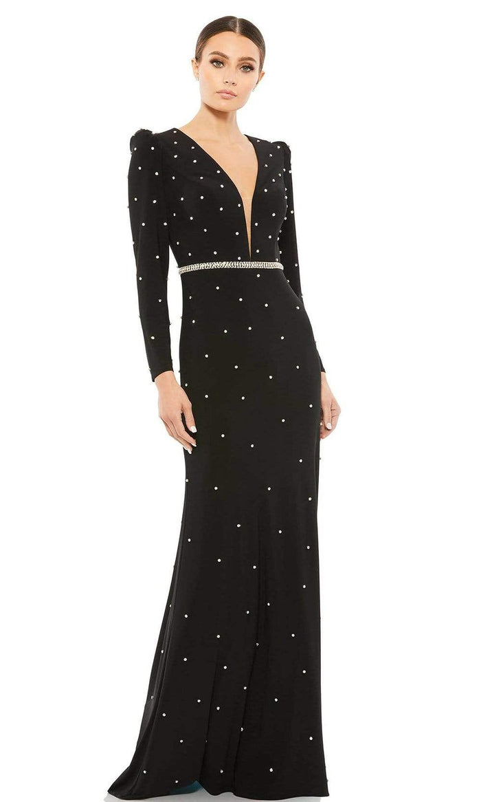 Ieena Duggal - 67874I Jewel Studded Long Sleeve Gown Special Occasion Dress 0 / Black / Silver