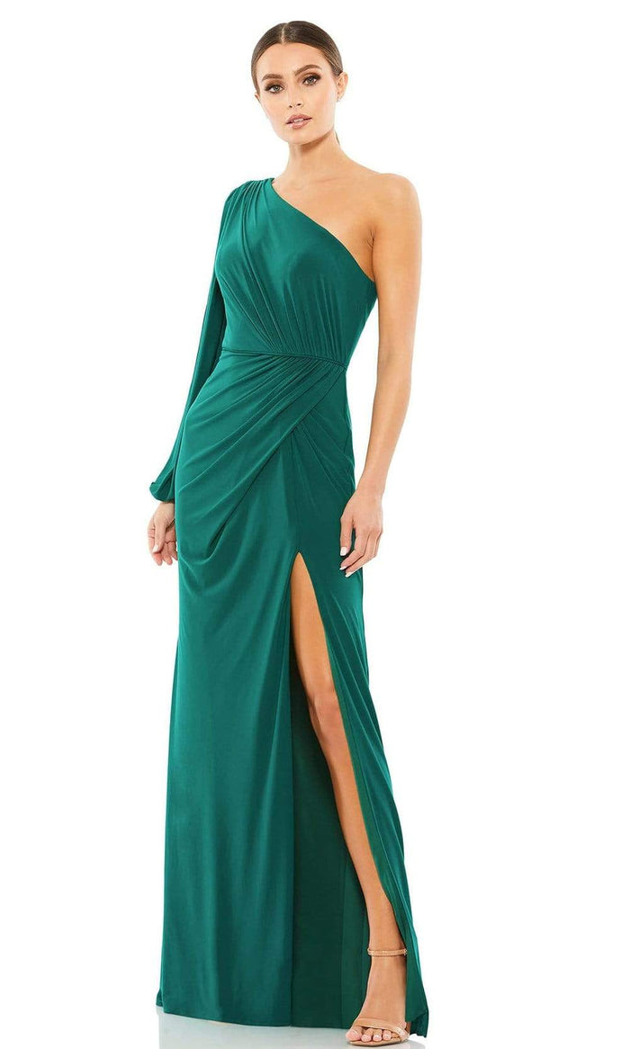Ieena Duggal - 67879I One Shoulder Draped High Slit Gown Special Occasion Dress 0 / Emerald Green