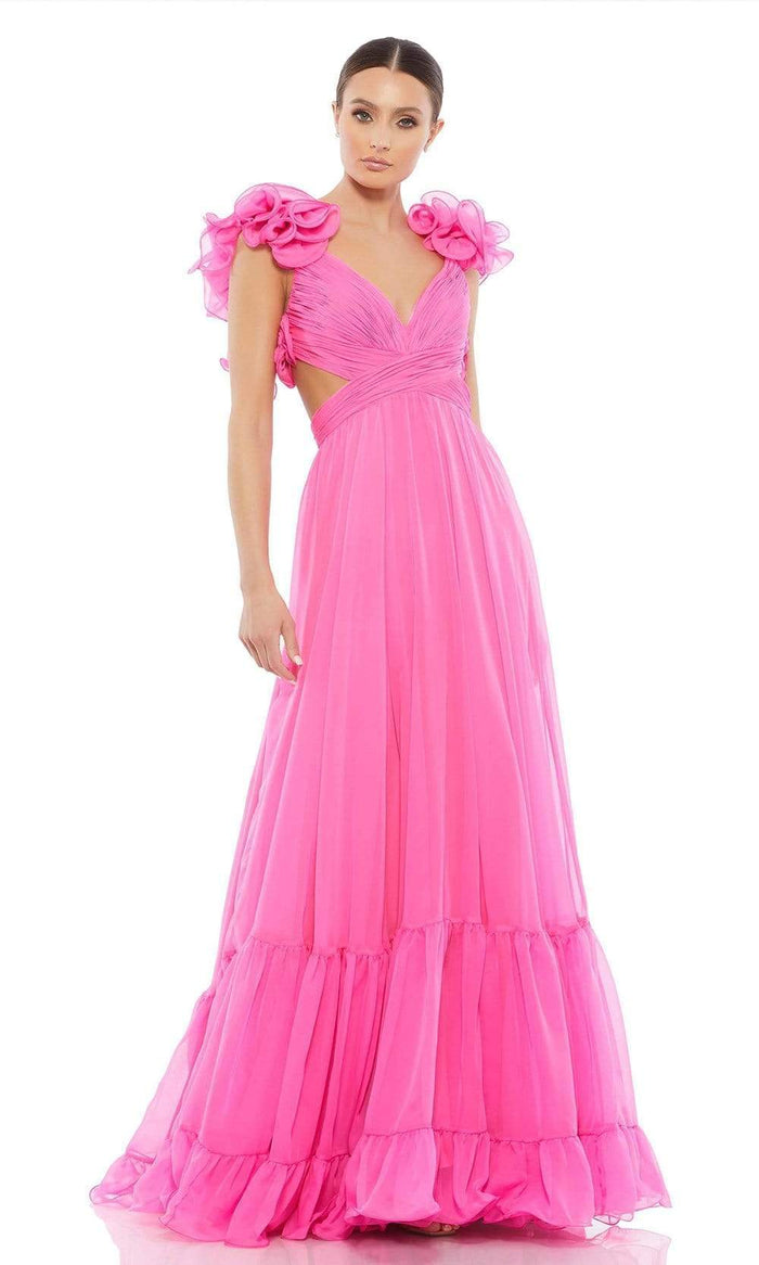Ieena Duggal - 67911I Ruffle-Trimmed Cutout Ornate Dress Evening Dresses 0 / Hot Pink
