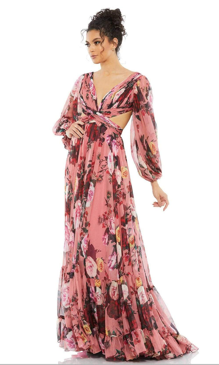 Ieena Duggal - 67946 Floral Printed Ruched A-Line Gown Special Occasion Dress 0 / Rose Multi