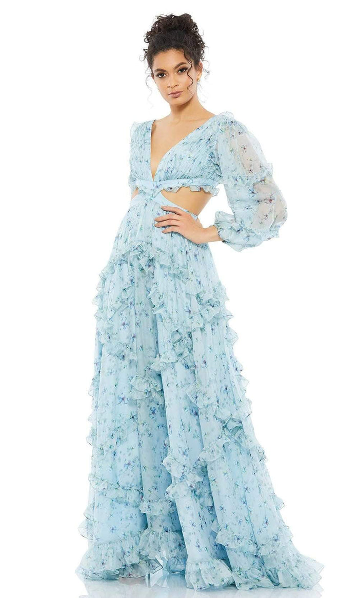 Ieena Duggal - 67949I Ruffle Rich Floral Enchanting Dress Maxi Dresses 0 / Powder Blue