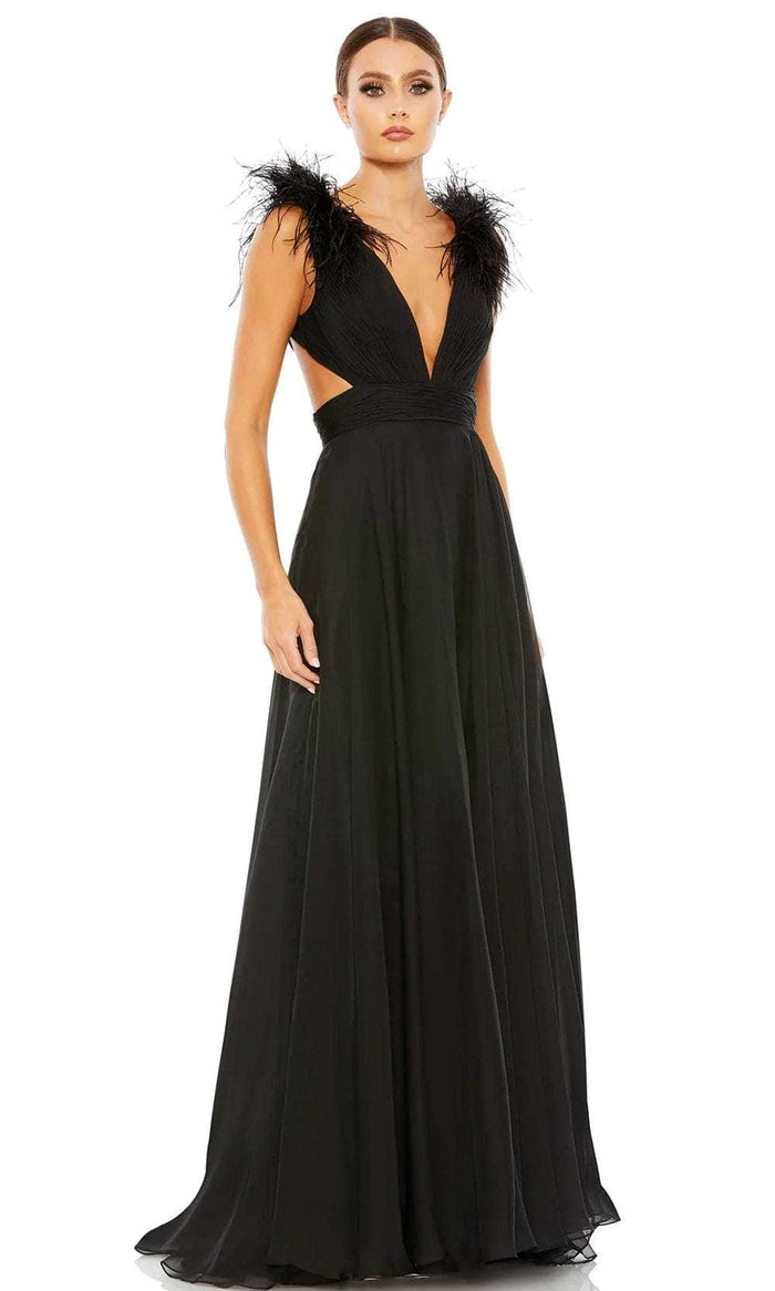 Ieena Duggal 68113 - Ostrich Detail Plunging V-Neck Evening Dress Prom Dresses 0 / Black